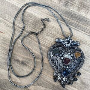 Vintage Silver Pendant Necklace with Multicolor Accents. 28” chain
